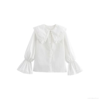Women's Vintage Doll Collar Lace Blouse Long Sleeve Button Down Shirt Sweet Off-White Flare Sleeve Casual Tops