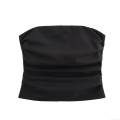 Women's Ruched Bandeau Top Sexy Strapless Polyester Slim Fit Crop Top With Front Zipper Solid Black Streetwear Summer Fashion