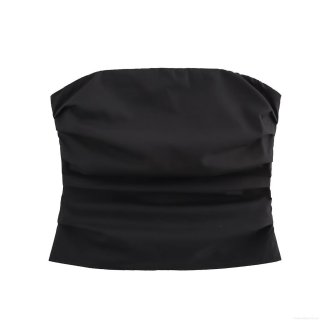 Women's Ruched Bandeau Top Sexy Strapless Polyester Slim Fit Crop Top With Front Zipper Solid Black Streetwear Summer Fashion