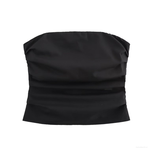 Women's Ruched Bandeau Top Sexy Strapless Polyester Slim Fit Crop Top With Front Zipper Solid Black Streetwear Summer Fashion