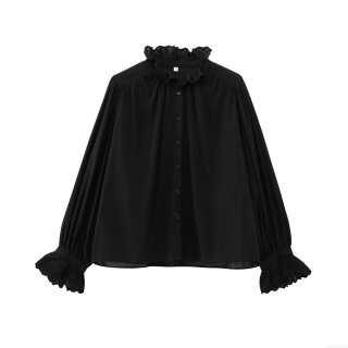Womens Elegant Lace Embroidery Long Sleeve Blouse Polyester Hollow Out Ruffle Stand Collar Button Up Shirt Loose Casual Streetwear Tops for Lady