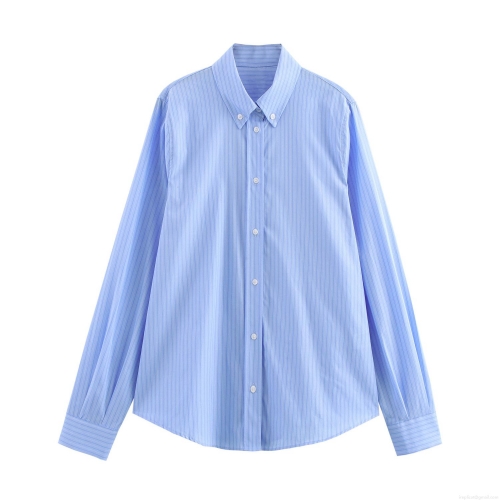 Women's Striped Long Sleeve Button Down Shirt 100 Percent Polyester Loose Fit Casual Lapel Blouse for Office Daily Wear Streetwear Style Breathable Comfortable Top for Ladies