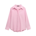 Women Striped Long Sleeve Shirt 100% Polyester Lapel Button Down Blouse Simple Casual Loose Streetwear Office Top Pink White Vertical Striped
