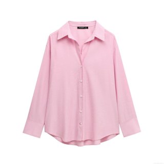 Women Striped Long Sleeve Shirt 100% Polyester Lapel Button Down Blouse Simple Casual Loose Streetwear Office Top Pink White Vertical Striped
