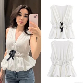 Women's V-Neck Sleeveless Tank Top Sexy Textured Crinkle Pullover With Black Bow Ruffled Hem Summer Streetwear Party Vest