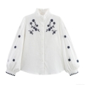 Women's Casual White Long Sleeve Embroidery Blouse Ruffle Stand Collar Button Up Loose Fit Polyester Shirt For Lady Daily Vacation Top