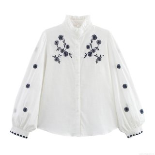Women's Casual White Long Sleeve Embroidery Blouse Ruffle Stand Collar Button Up Loose Fit Polyester Shirt For Lady Daily Vacation Top