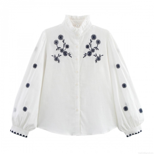 Women's Casual White Long Sleeve Embroidery Blouse Ruffle Stand Collar Button Up Loose Fit Polyester Shirt For Lady Daily Vacation Top