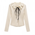 French Style Ruffle Collar Bow Decoration Knit Cardigan Long Sleeve Ribbed Button Front Sweater Top For Women Casual Chic Streetwear