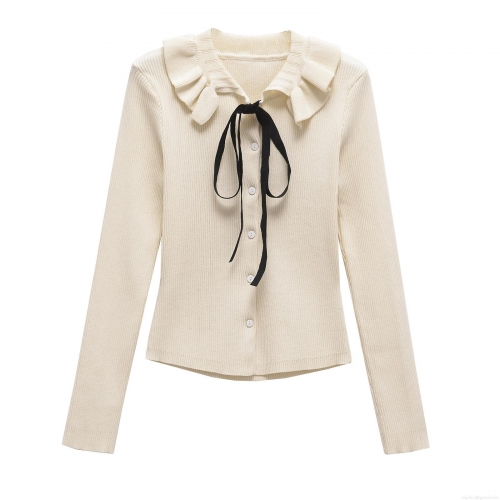 French Style Ruffle Collar Bow Decoration Knit Cardigan Long Sleeve Ribbed Button Front Sweater Top For Women Casual Chic Streetwear
