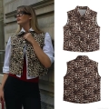 Women's Leopard Print Vest Sleeveless Fashion Waistcoat Round Neck Single Breasted Metal Buttons Polyester Slim Fit Streetwear Top For Spring Autumn Ladies