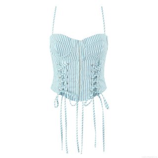Women's Sexy Striped Corset Camisole Top Summer Western Style Sleeveless Slim Fit Lacing Up Tank Top Light Blue Bustier Top For Party Clubwear