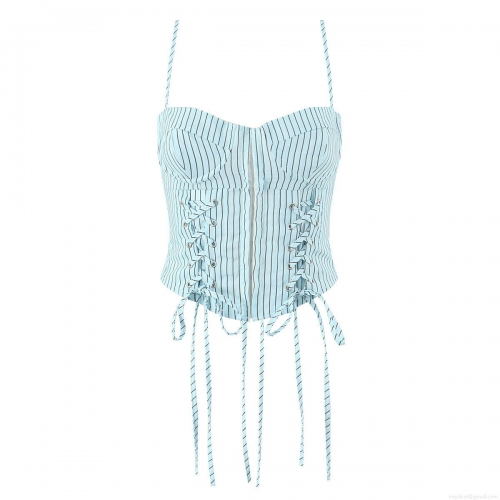 Women's Sexy Striped Corset Camisole Top Summer Western Style Sleeveless Slim Fit Lacing Up Tank Top Light Blue Bustier Top For Party Clubwear