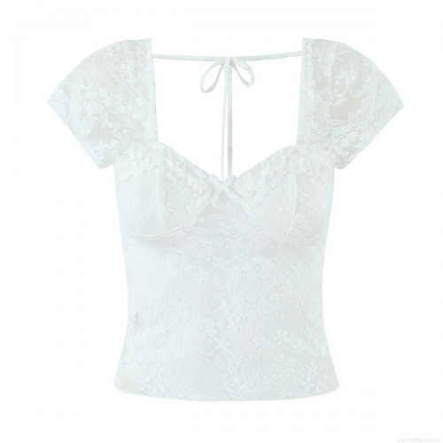 Women's White Floral Lace Crop Top Sexy V-Neck Backless Tie-Up Camisole Summer See-Through Slim Fit Tank Top For Streetwear Party Clubwear