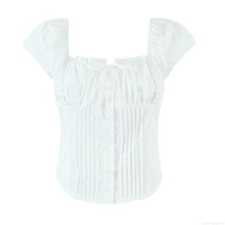 Women's French Style Square Neck Pleated T-Shirt Slim Fit Cotton Short Sleeve Button Down Top For Summer Streetwear Fashion