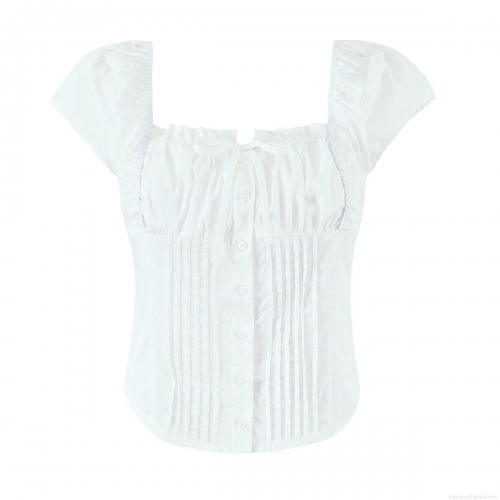 Women's French Style Square Neck Pleated T-Shirt Slim Fit Cotton Short Sleeve Button Down Top For Summer Streetwear Fashion