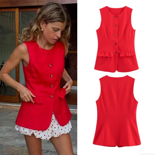 Women's Elegant Round Neck Sleeveless Suit Vest Waistcoat Single Breasted Ruffle Pocket Peplum Top Polyester Solid Color Fashion Streetwear Outwear