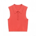 Women's Summer Fashion Sleeveless Polo Knitted Vest Button Front Slim Fit Solid Color Ribbed Tank Top Streetwear Polyester Top