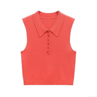 Women's Summer Fashion Sleeveless Polo Knitted Vest Button Front Slim Fit Solid Color Ribbed Tank Top Streetwear Polyester Top
