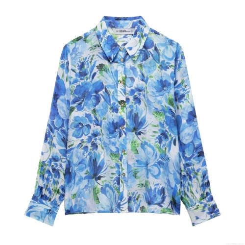 Women's Floral Print Long Sleeve Shirt Casual Loose Lapel Button Down Blouse Polyester Streetwear Tops
