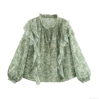 Women Floral Chiffon Blouse Long Sleeve Ruffle Collar Tie-Neck Pullover Shirt Vintage Loose Fit Casual Top For Spring Summer Streetwear