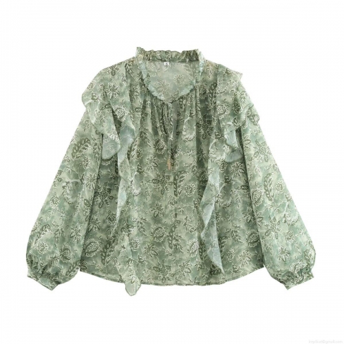 Women Floral Chiffon Blouse Long Sleeve Ruffle Collar Tie-Neck Pullover Shirt Vintage Loose Fit Casual Top For Spring Summer Streetwear