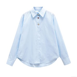 Women Spring Fashion Casual Lapel Loose Fit Cotton Poplin Long Sleeve Shirt Solid Color Metal Button Down Streetwear Blouse Top For Ladies