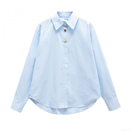 Women Spring Fashion Casual Lapel Loose Fit Cotton Poplin Long Sleeve Shirt Solid Color Metal Button Down Streetwear Blouse Top For Ladies