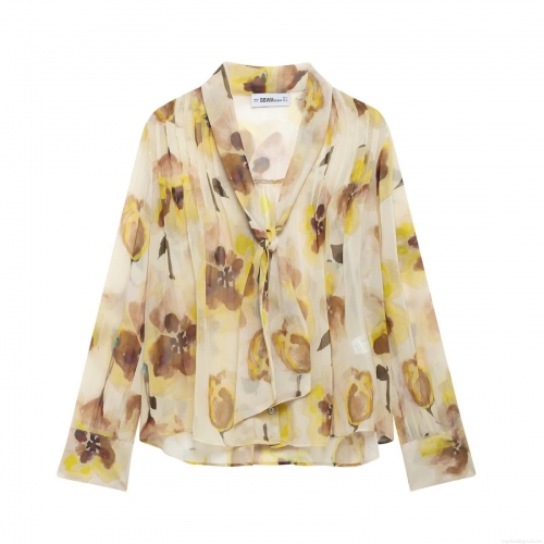 Women's V Neck Floral Print Chiffon Blouse Long Sleeve Casual Loose Pleated Shirt For Daily Streetwear Yellow Polyester Fashion Tops