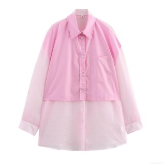 Women's Fashion Polyester Organza Patchwork Transparent Sheer Shirt Blouse Streetwear Lapel Long Sleeve Single Breasted Tie-up Back Casual Spring Summer Top