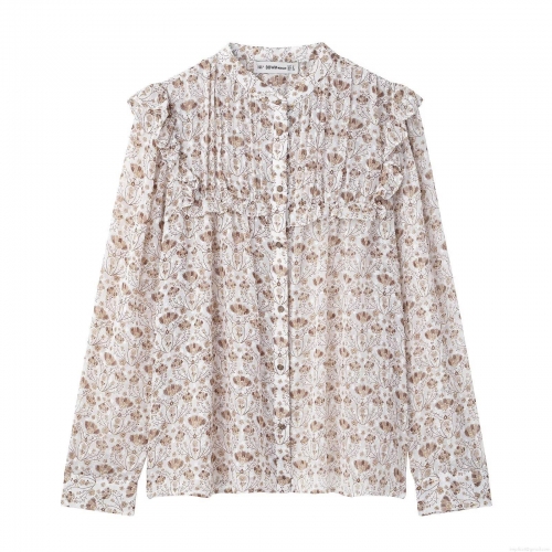 Women's Vintage V-Neck Floral Print Chiffon Blouse With Ruffles Long Sleeve Single Breasted Sheer Dobby Top For Daily Dating Vacation