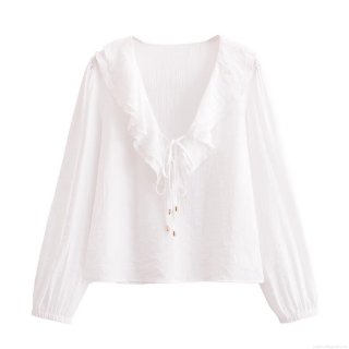 Women's Elegant V Neck Ruffle Blouse Textured Long Lantern Sleeve Tie Front Shirt With Metal Pendant Casual Streetwear Spring Tops