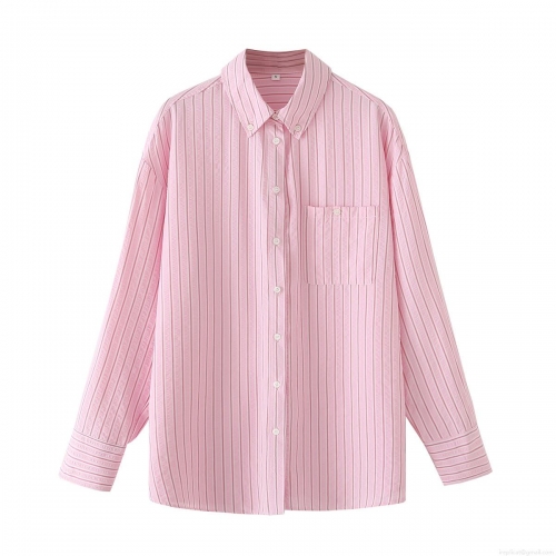 Women's Casual Pink White Striped Seersucker Shirt Loose Fit Long Sleeve Button Down Blouse With Chest Pocket Lapel Top For Spring Autumn Streetwear