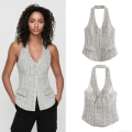 Women Halter Neck Backless Plaid Vest Top Tweed Textured Button Down Sleeveless Slim Fit Checkered Tank Top For Summer Streetwear Party Clothing