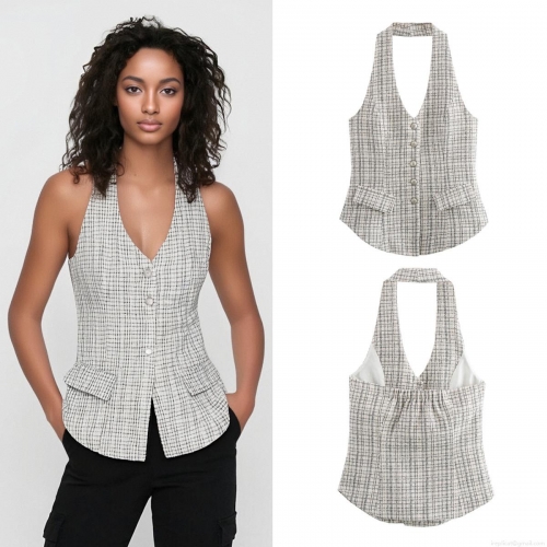 Women Halter Neck Backless Plaid Vest Top Tweed Textured Button Down Sleeveless Slim Fit Checkered Tank Top For Summer Streetwear Party Clothing