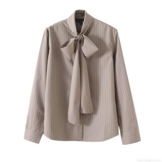 Women's Striped Bow-Tie Neck Shirt Viscose Blend Long Sleeve Blouse Elegant Commuter Office Top For Ladies Spring Autumn Fashion