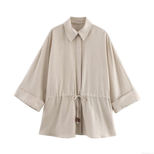Women's Casual Linen Blend Long Sleeve Shirt Turn-down Collar Waist Drawstring Blouse With Wooden Beads Elegant Solid Color Tops For Streetwear Office Spring Fashion