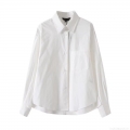Women's Minimalist White Long Sleeve Blouse Asymmetrical Hem Cotton Blend Shirt Casual Lapel Button Up Top With Chest Pocket For Women Office Streetwear