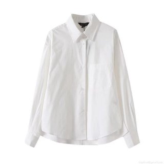 Women's Minimalist White Long Sleeve Blouse Asymmetrical Hem Cotton Blend Shirt Casual Lapel Button Up Top With Chest Pocket For Women Office Streetwear