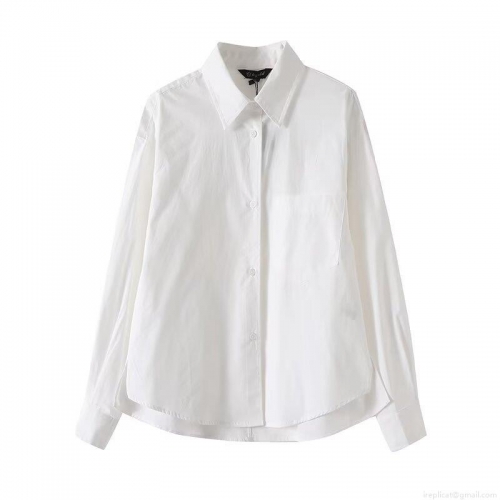 Women's Minimalist White Long Sleeve Blouse Asymmetrical Hem Cotton Blend Shirt Casual Lapel Button Up Top With Chest Pocket For Women Office Streetwear