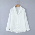 Women's Casual Solid White Long Sleeve Shirt Suit Collar Button Down Crepe Textured Loose Blouse Fashion Spring Autumn Office Lady Tops