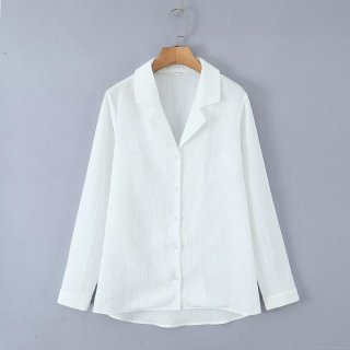 Women's Casual Solid White Long Sleeve Shirt Suit Collar Button Down Crepe Textured Loose Blouse Fashion Spring Autumn Office Lady Tops