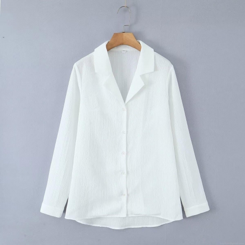 Women's Casual Solid White Long Sleeve Shirt Suit Collar Button Down Crepe Textured Loose Blouse Fashion Spring Autumn Office Lady Tops