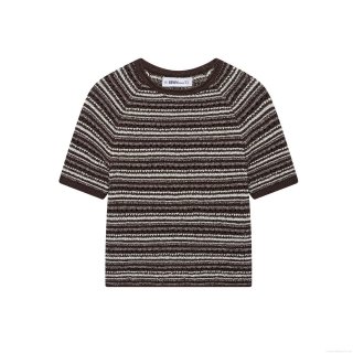 Women Striped Knit T-Shirt Polyester Open Knit Short Sleeve Round Neck Breathable Casual Streetwear Daily Vacation Retro Chic Slim Fit Crop Top