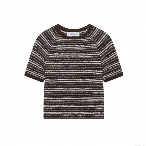 Women Striped Knit T-Shirt Polyester Open Knit Short Sleeve Round Neck Breathable Casual Streetwear Daily Vacation Retro Chic Slim Fit Crop Top