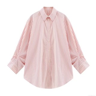 Women Striped Long Sleeve Shirt Oversized Blouse Contrast Color Lapel Button Down Polyester Top For Casual Streetwear Spring Summer Women Clothing