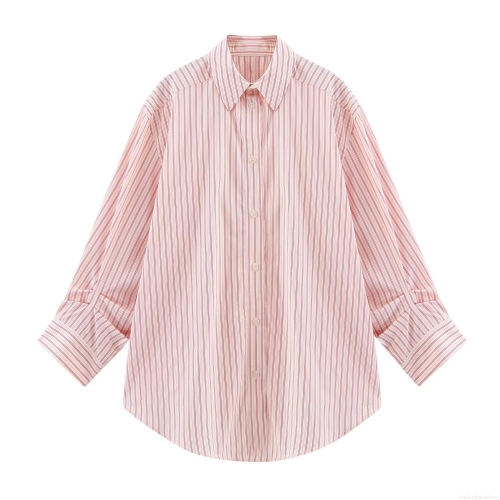 Women Striped Long Sleeve Shirt Oversized Blouse Contrast Color Lapel Button Down Polyester Top For Casual Streetwear Spring Summer Women Clothing