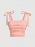 Women's Sweet Pink Ruched Crop Top Sexy Bow Tie Shoulder Straps Slim Fit Polyester Spandex Cami Summer Sleeveless Tank Top Streetwear