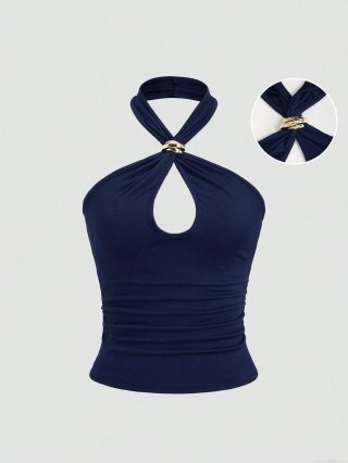 Women's Sexy Halter Neck Backless Vest Slim Fit Hollow Out Crop Top With Gold Metal Ring Decoration Polyester Spandex Dark Blue Tank Top For Summer Party Clubwear