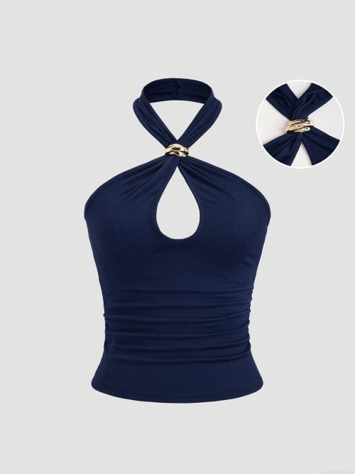 Women's Sexy Halter Neck Backless Vest Slim Fit Hollow Out Crop Top With Gold Metal Ring Decoration Polyester Spandex Dark Blue Tank Top For Summer Party Clubwear